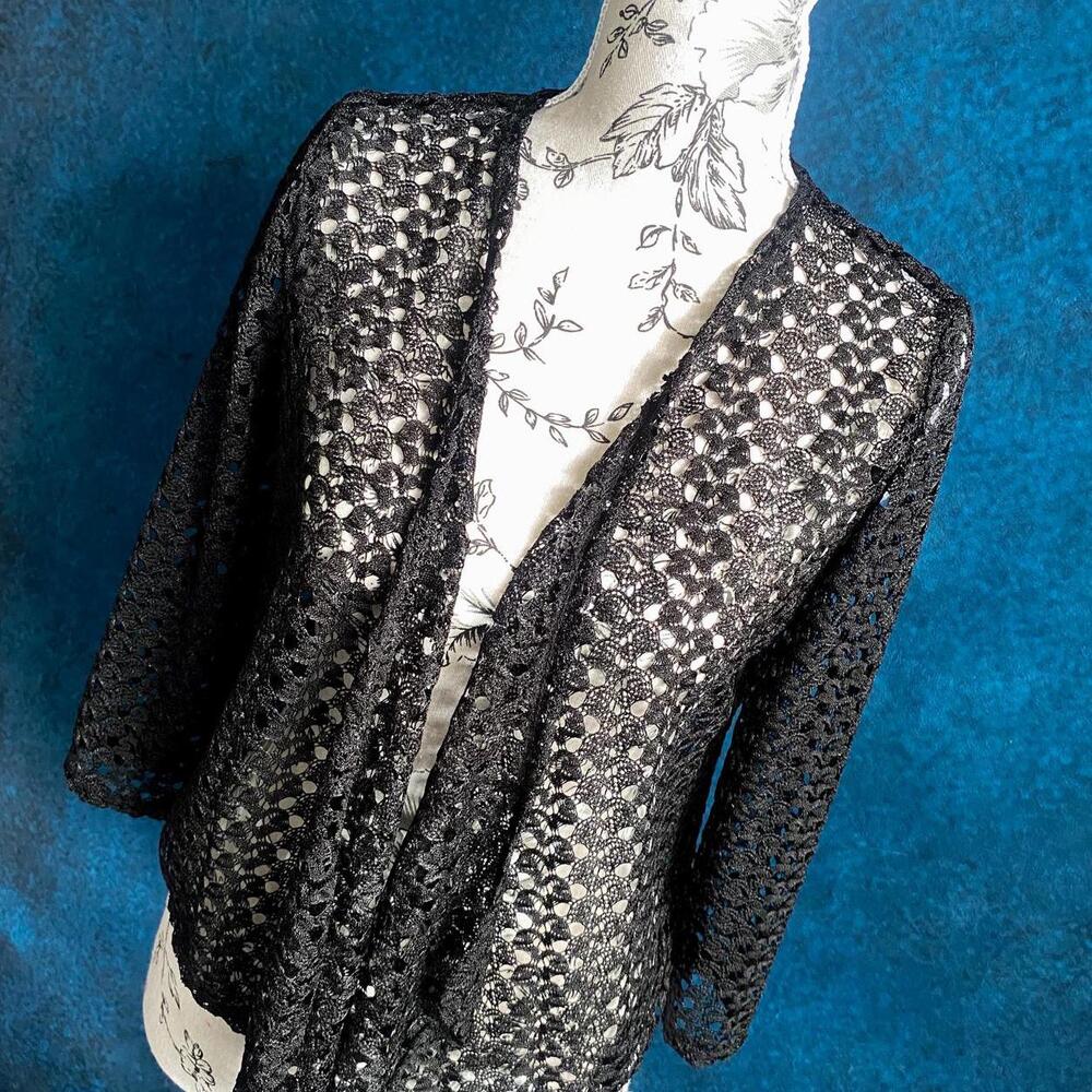 Vintage Black Quarter Sleeve Open-Front Crochet Cardigan Coverup Light Shawl
